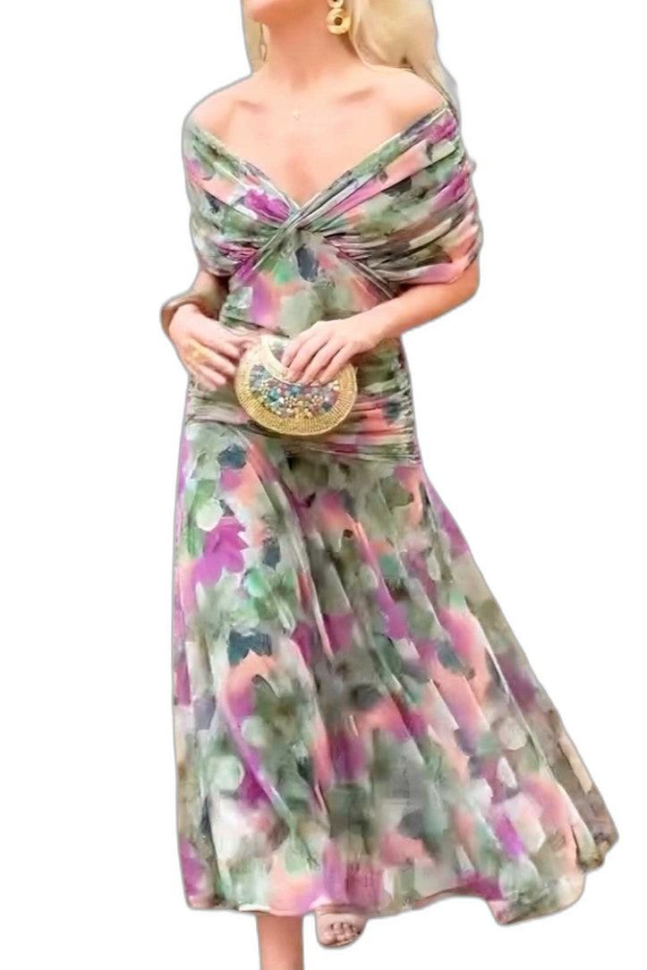 Elegant Brown Maxi Dress for Women with Off Shoulder Short Sleeve Wrap Ruched Cocktail Style