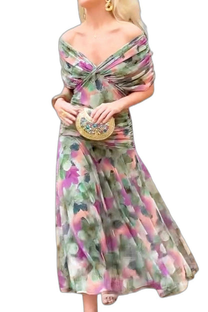 Elegant Brown Maxi Dress for Women with Off Shoulder Short Sleeve Wrap Ruched Cocktail Style