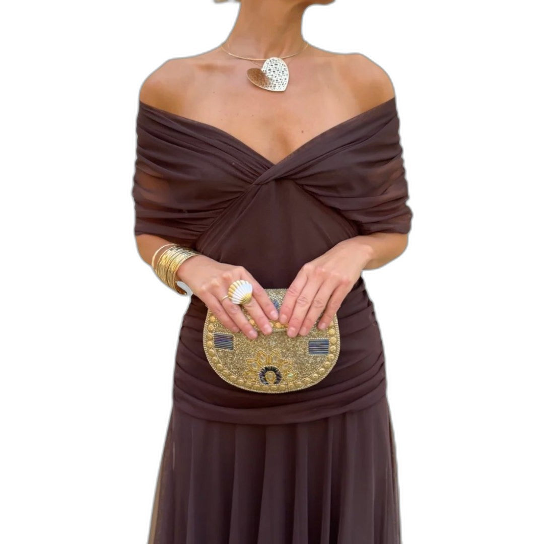 Elegant Brown Maxi Dress for Women with Off Shoulder Sleeveless Ruched Flowing Formal Style