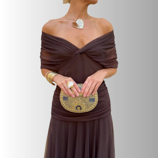 Elegant Brown Maxi Dress for Women with Off Shoulder Sleeveless Ruched Flowing Formal Style