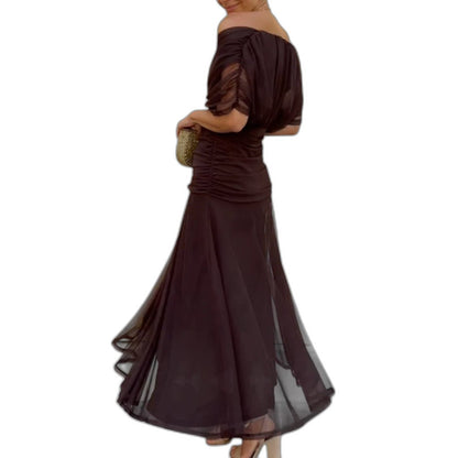 Elegant Brown Maxi Dress for Women with Off Shoulder Sleeveless Ruched Flowing Formal Style