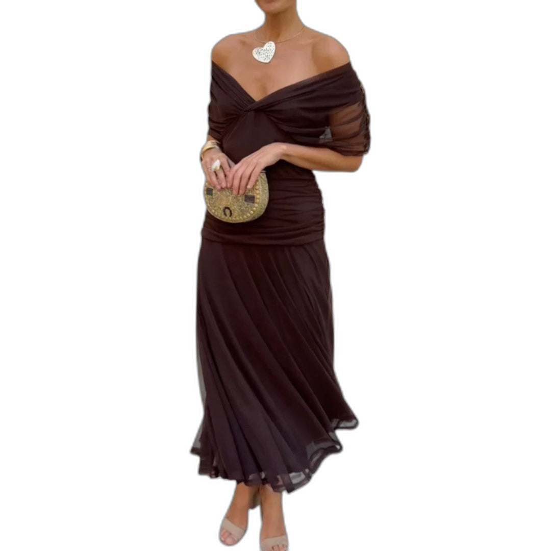 Elegant Brown Maxi Dress for Women with Off Shoulder Sleeveless Ruched Flowing Formal Style