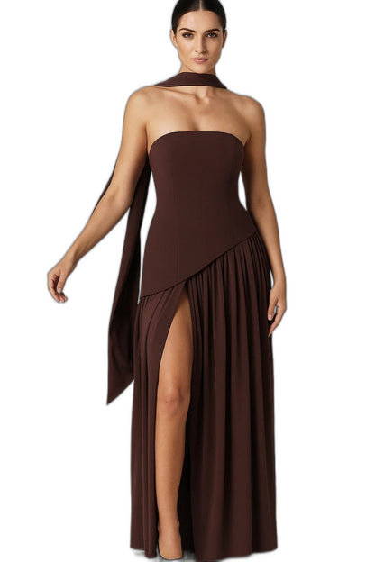 Elegant Brown Maxi Dress for Women with V Neck Sleeveless Bodycon Cocktail Style