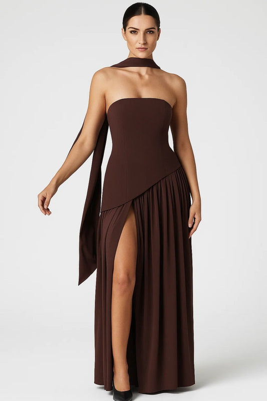 Elegant Brown Maxi Dress for Women with V Neck Sleeveless Bodycon Cocktail Style
