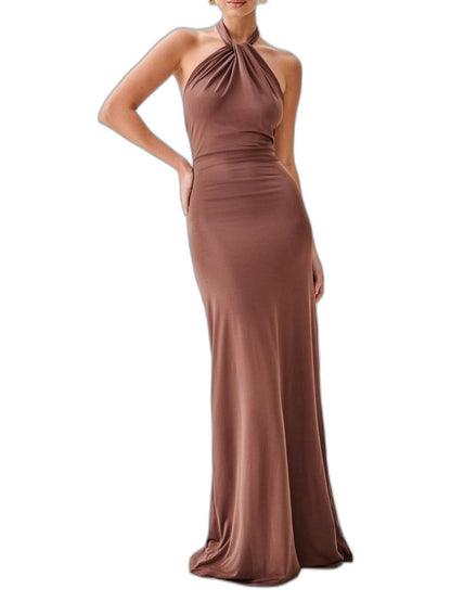 Elegant Brown Satin Maxi Dress for Women with Halter Sleeveless Bodycon Ruched Formal Style