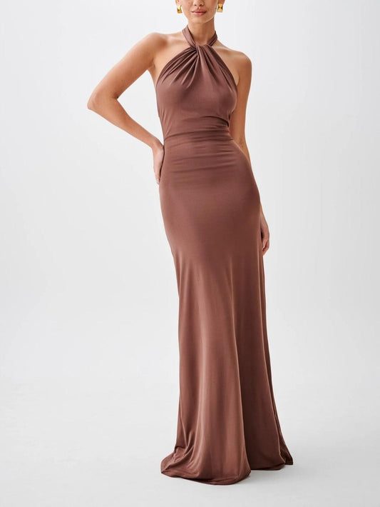 Elegant Brown Satin Maxi Dress for Women with Halter Sleeveless Bodycon Ruched Formal Style