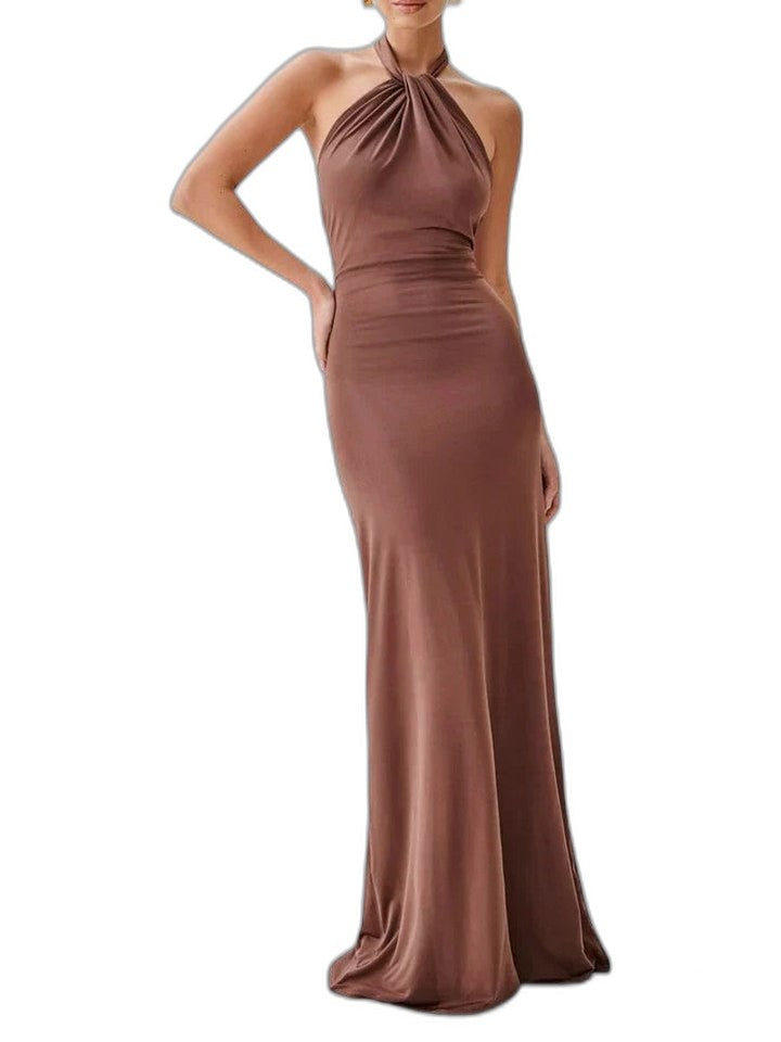 Elegant Brown Satin Maxi Dress for Women with Halter Sleeveless Bodycon Ruched Formal Style