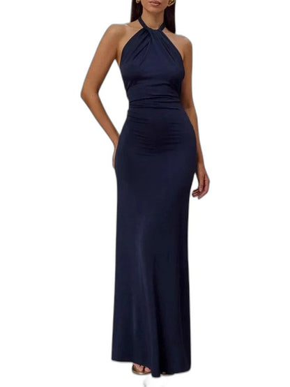 Elegant Brown Satin Maxi Dress for Women with Halter Sleeveless Bodycon Ruched Formal Style