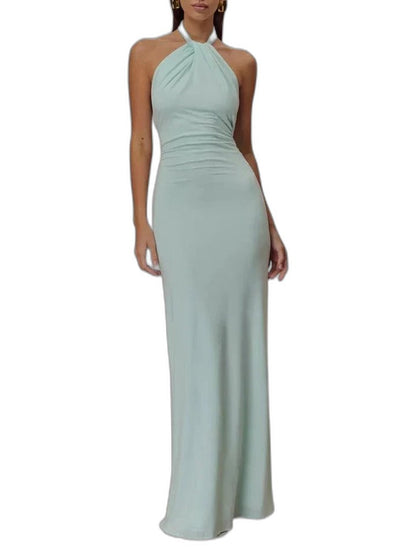 Elegant Brown Satin Maxi Dress for Women with Halter Sleeveless Bodycon Ruched Formal Style