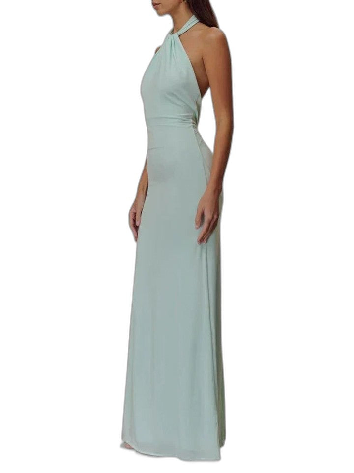 Elegant Brown Satin Maxi Dress for Women with Halter Sleeveless Bodycon Ruched Formal Style