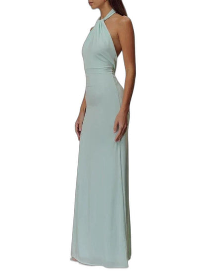 Elegant Brown Satin Maxi Dress for Women with Halter Sleeveless Bodycon Ruched Formal Style