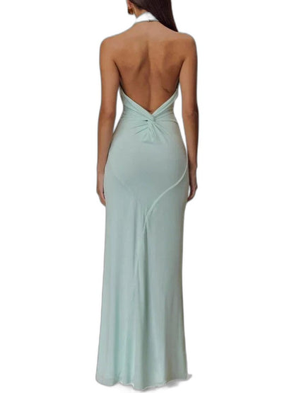 Elegant Brown Satin Maxi Dress for Women with Halter Sleeveless Bodycon Ruched Formal Style