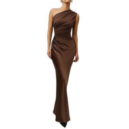 Elegant Brown Satin Maxi Dress for Women with One Shoulder Sleeveless Bodycon Ruched Asymmetric Formal Style