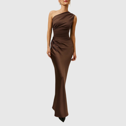 Elegant Brown Satin Maxi Dress for Women with One Shoulder Sleeveless Bodycon Ruched Asymmetric Formal Style