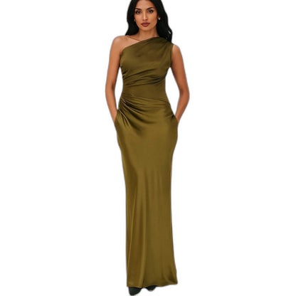Elegant Brown Satin Maxi Dress for Women with One Shoulder Sleeveless Bodycon Ruched Asymmetric Formal Style