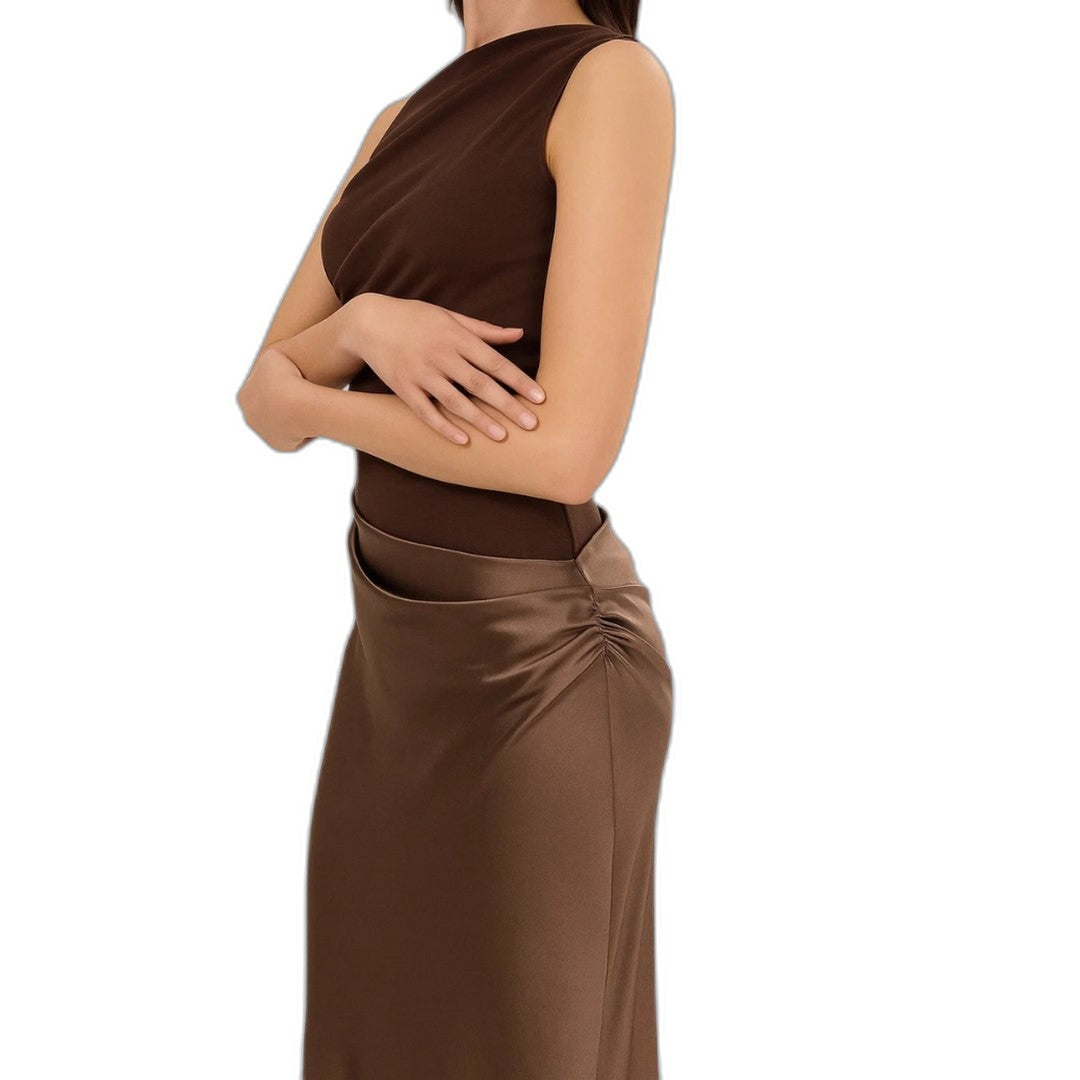 Elegant Brown Satin Maxi Dress for Women with One Shoulder Sleeveless Bodycon Ruched Asymmetric Formal Style