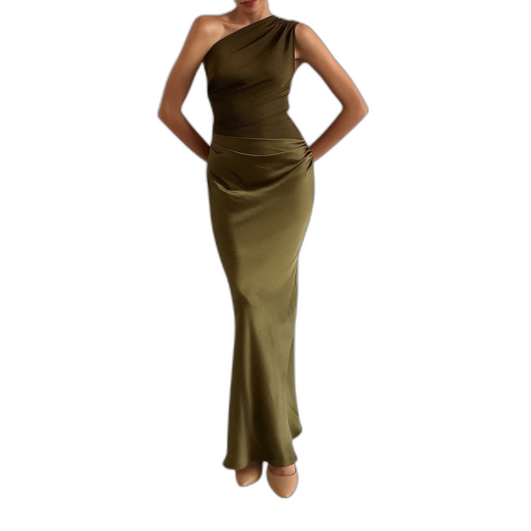 Elegant Brown Satin Maxi Dress for Women with One Shoulder Sleeveless Bodycon Ruched Asymmetric Formal Style
