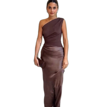 Elegant Brown Satin Maxi Dress for Women with One Shoulder Sleeveless Bodycon Ruched Cocktail Style