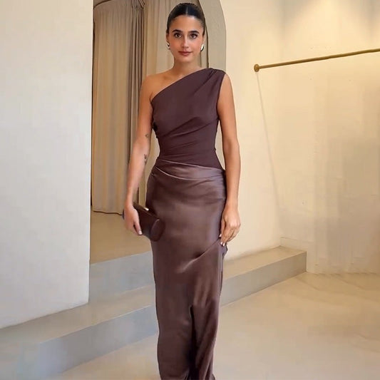 Elegant Brown Satin Maxi Dress for Women with One Shoulder Sleeveless Bodycon Ruched Cocktail Style