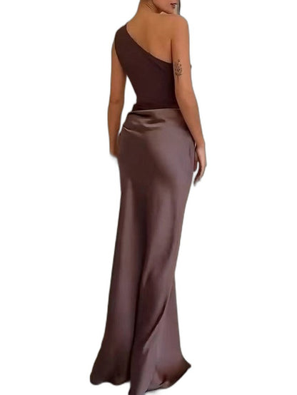 Elegant Brown Satin Maxi Dress for Women with One Shoulder Sleeveless Bodycon Ruched Cocktail Style