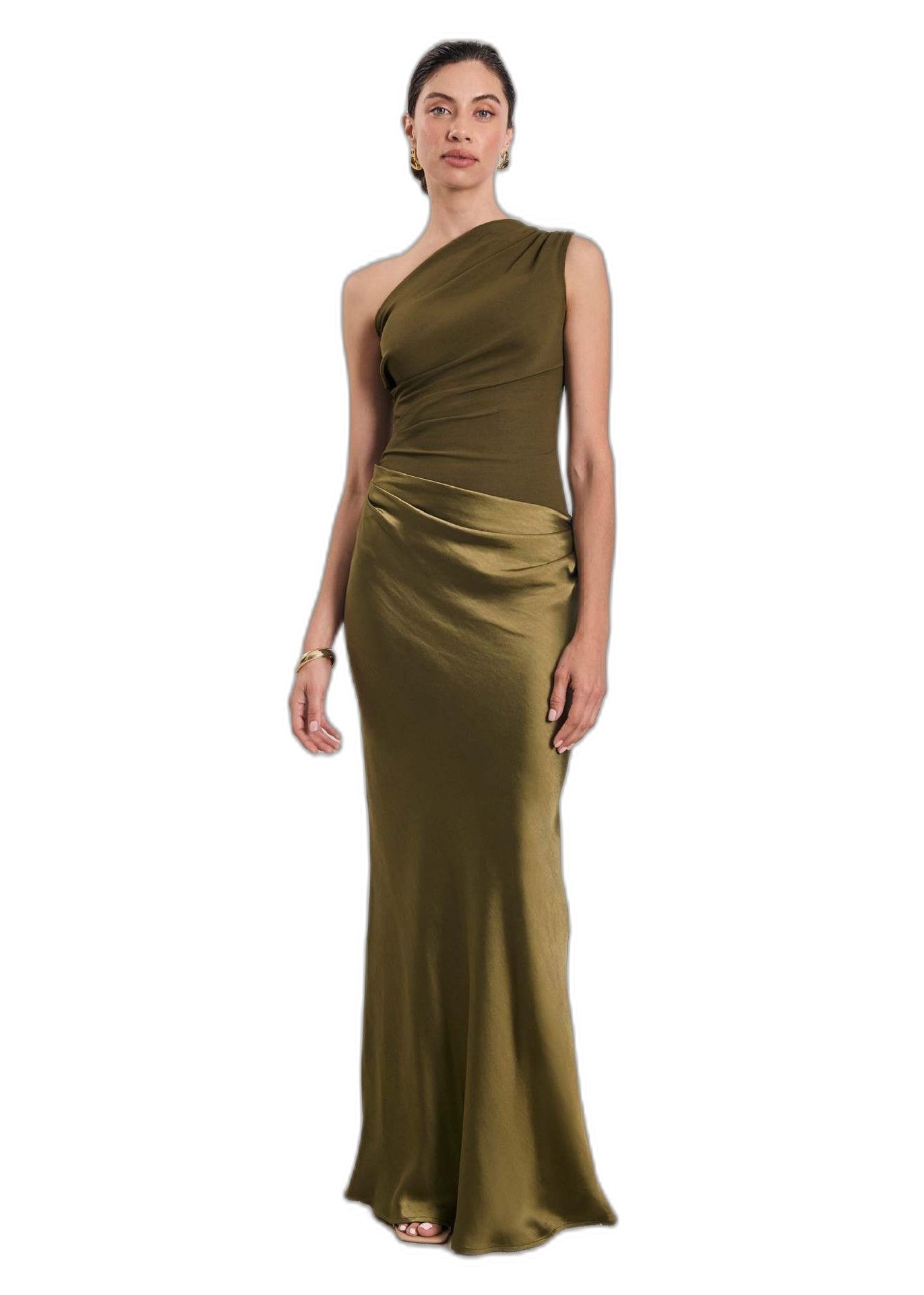 Elegant Brown Satin Maxi Dress for Women with One Shoulder Sleeveless Bodycon Ruched Cocktail Style