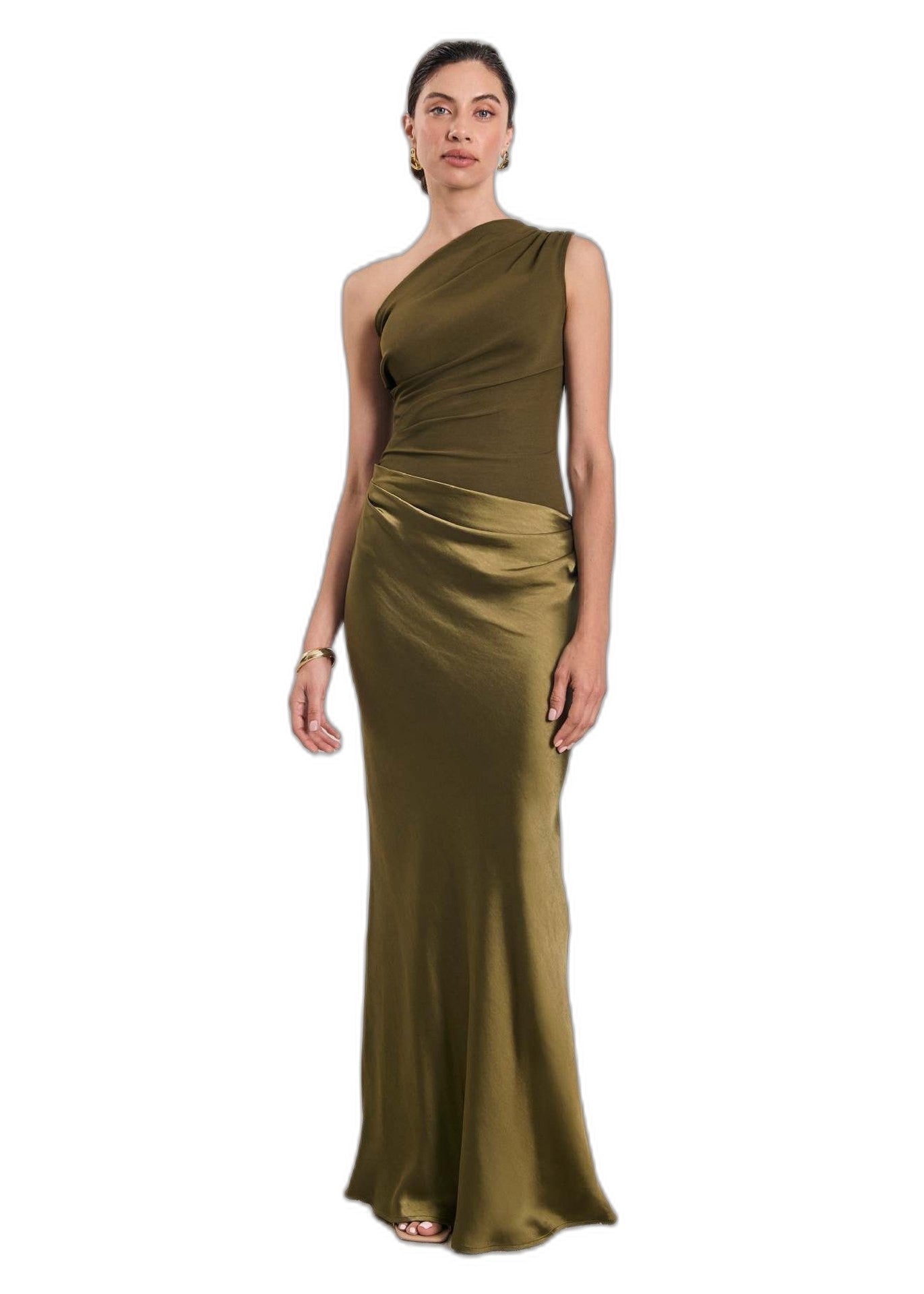 Elegant Brown Satin Maxi Dress for Women with One Shoulder Sleeveless Bodycon Ruched Cocktail Style