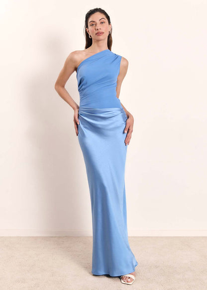 Elegant Brown Satin Maxi Dress for Women with One Shoulder Sleeveless Bodycon Ruched Cocktail Style