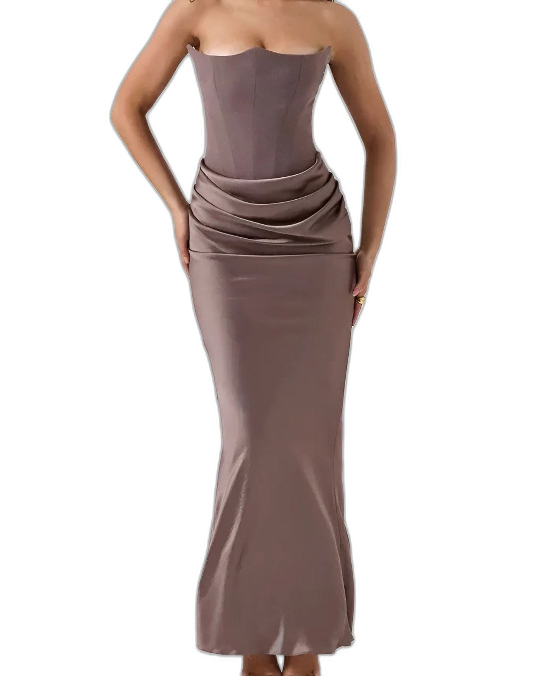 Elegant Brown Satin Maxi Dress for Women with Strapless Bodycon Ruched Formal Style
