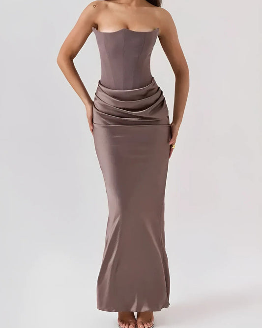 Elegant Brown Satin Maxi Dress for Women with Strapless Bodycon Ruched Formal Style