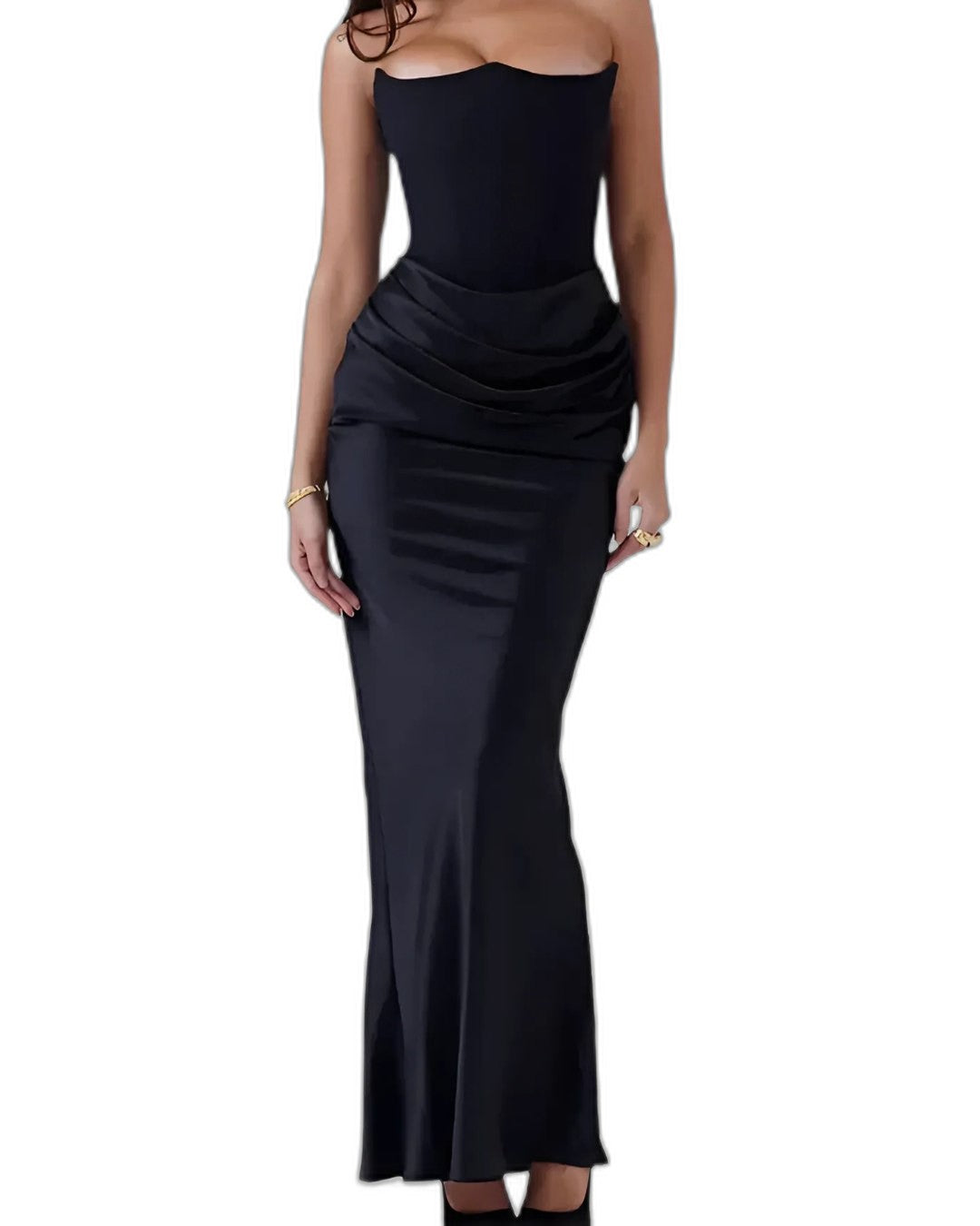 Elegant Brown Satin Maxi Dress for Women with Strapless Bodycon Ruched Formal Style