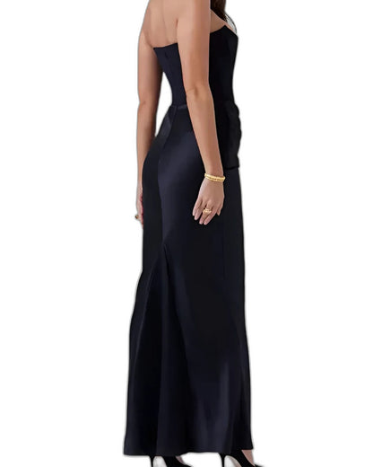 Elegant Brown Satin Maxi Dress for Women with Strapless Bodycon Ruched Formal Style