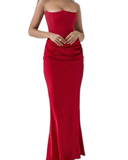 Elegant Brown Satin Maxi Dress for Women with Strapless Bodycon Ruched Formal Style
