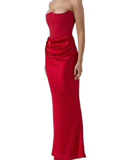 Elegant Brown Satin Maxi Dress for Women with Strapless Bodycon Ruched Formal Style