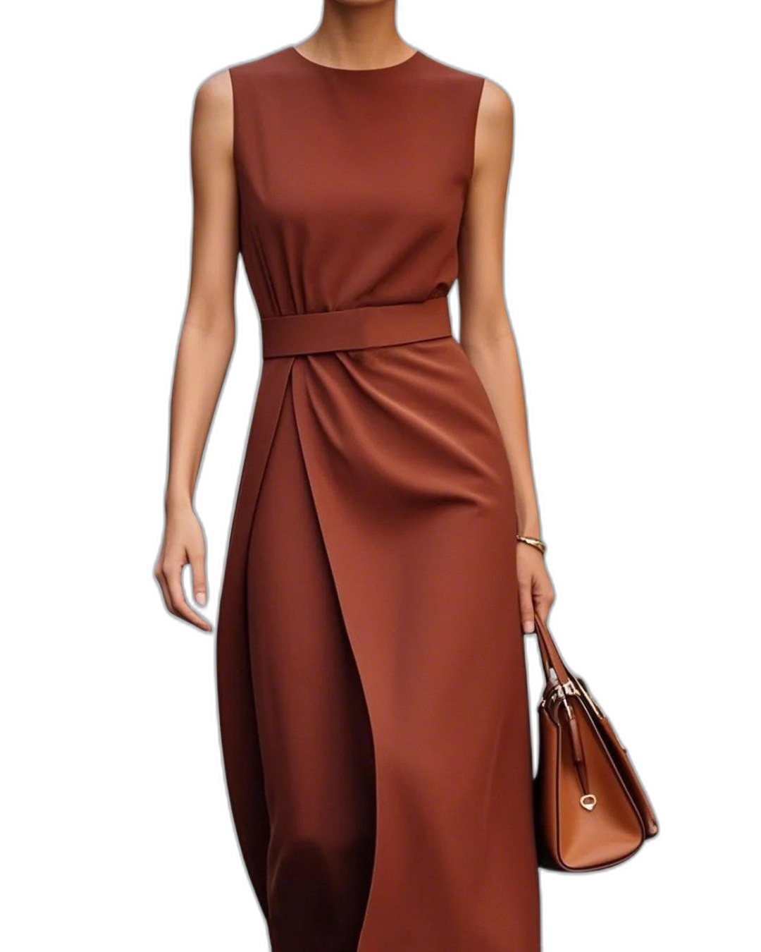 Elegant Brown Satin Midi Dress for Women with Crew Neck Sleeveless Wrap Ruched Belted Cocktail Style