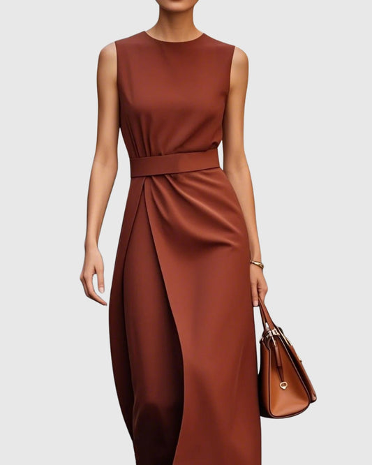 Elegant Brown Satin Midi Dress for Women with Crew Neck Sleeveless Wrap Ruched Belted Cocktail Style