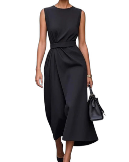 Elegant Brown Satin Midi Dress for Women with Crew Neck Sleeveless Wrap Ruched Belted Cocktail Style