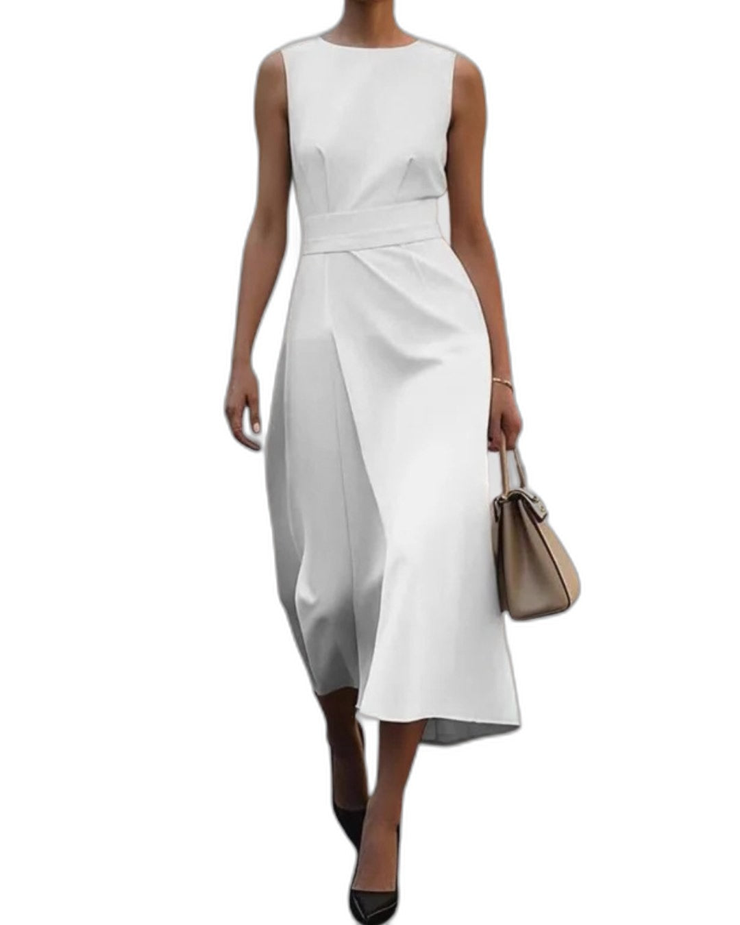 Elegant Brown Satin Midi Dress for Women with Crew Neck Sleeveless Wrap Ruched Belted Cocktail Style