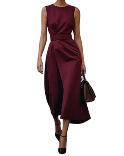 Elegant Brown Satin Midi Dress for Women with Crew Neck Sleeveless Wrap Ruched Belted Cocktail Style
