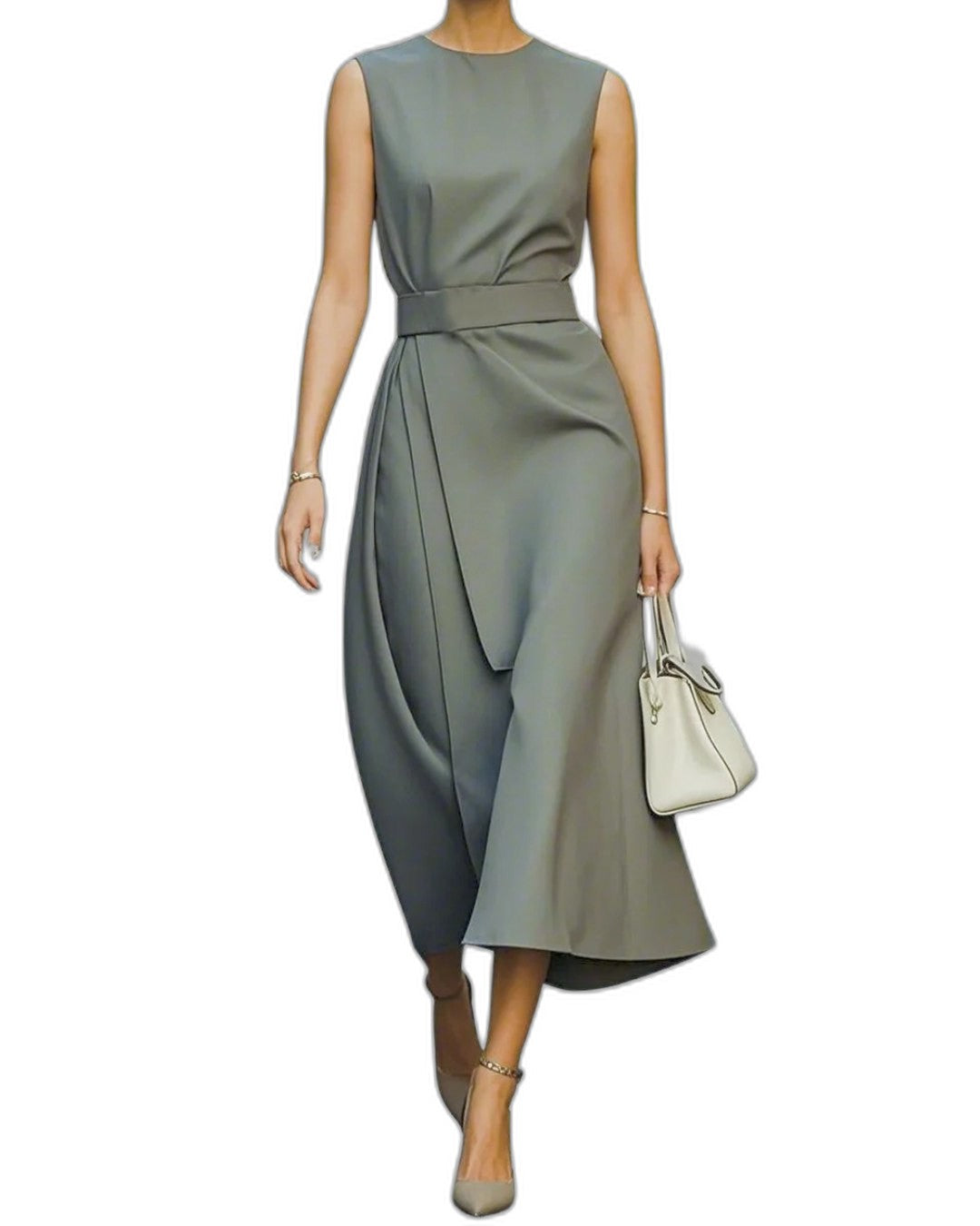 Elegant Brown Satin Midi Dress for Women with Crew Neck Sleeveless Wrap Ruched Belted Cocktail Style
