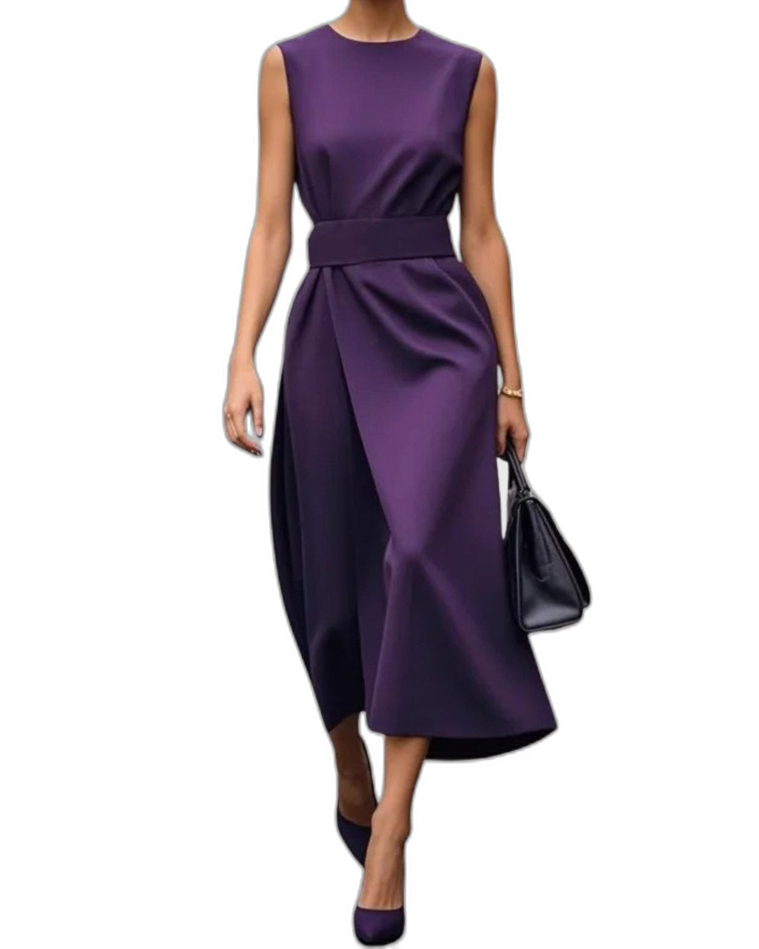 Elegant Brown Satin Midi Dress for Women with Crew Neck Sleeveless Wrap Ruched Belted Cocktail Style