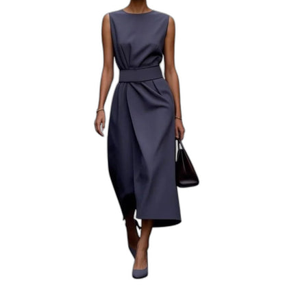 Elegant Brown Satin Midi Dress for Women with Crew Neck Sleeveless Wrap Ruched Belted Cocktail Style