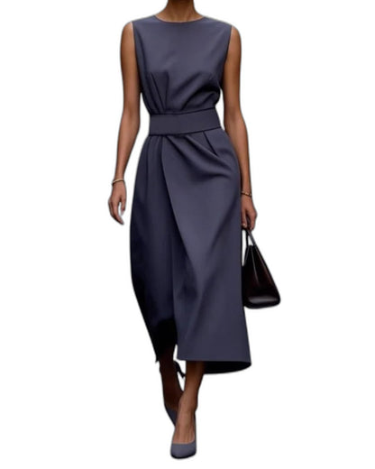 Elegant Brown Satin Midi Dress for Women with Crew Neck Sleeveless Wrap Ruched Belted Cocktail Style