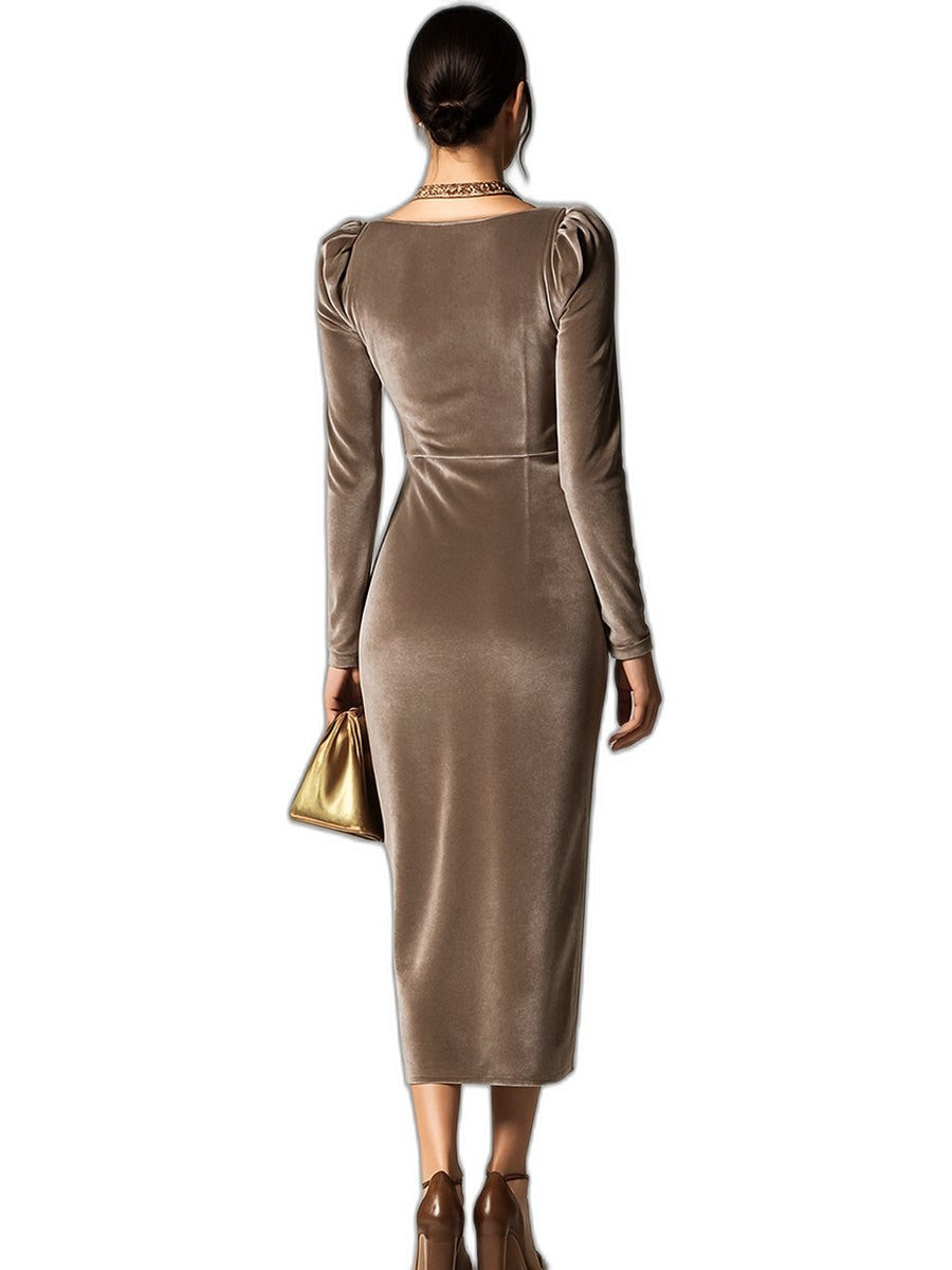 Elegant Brown Velvet Midi Dress for Women with Cowl Neck Long Sleeve Bodycon Ruched Cocktail Style