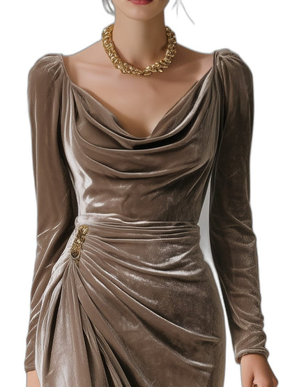 Elegant Brown Velvet Midi Dress for Women with Cowl Neck Long Sleeve Bodycon Ruched Cocktail Style