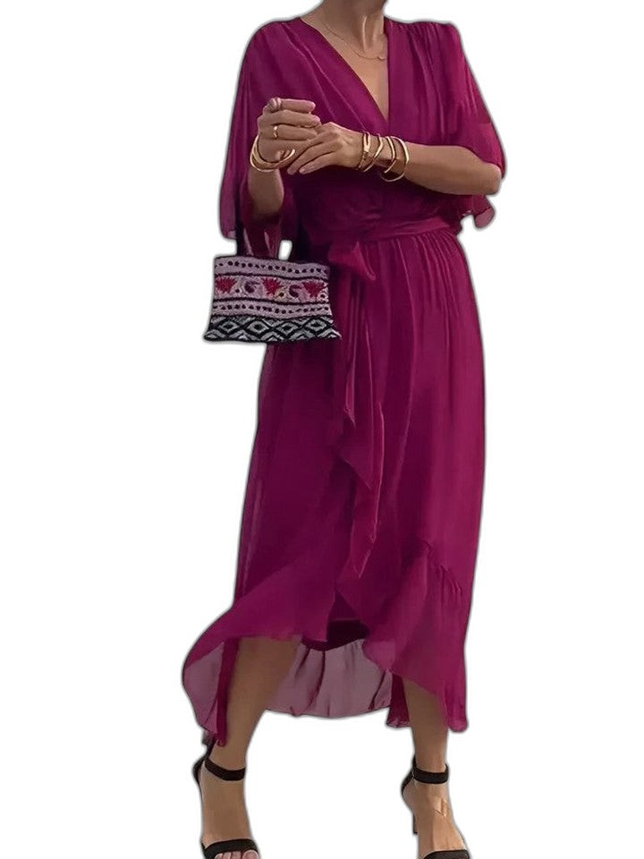 Elegant Burgundy Chiffon Midi Dress for Women with V Neck Long Sleeve Button Front Flowing Cocktail Style