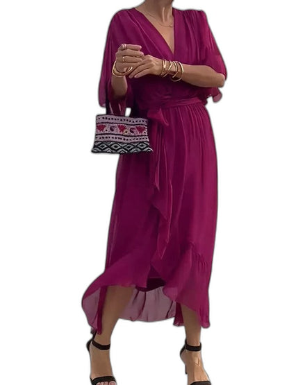 Elegant Burgundy Chiffon Midi Dress for Women with V Neck Long Sleeve Button Front Flowing Cocktail Style