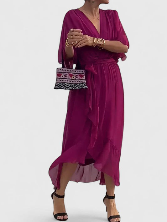 Elegant Burgundy Chiffon Midi Dress for Women with V Neck Long Sleeve Button Front Flowing Cocktail Style