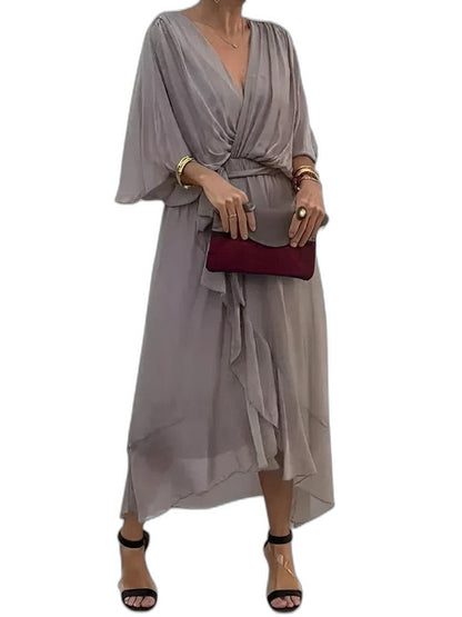 Elegant Burgundy Chiffon Midi Dress for Women with V Neck Long Sleeve Button Front Flowing Cocktail Style