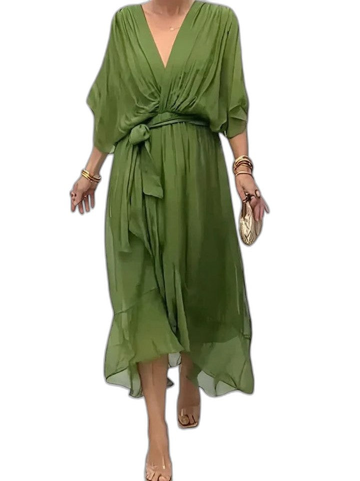 Elegant Burgundy Chiffon Midi Dress for Women with V Neck Long Sleeve Button Front Flowing Cocktail Style