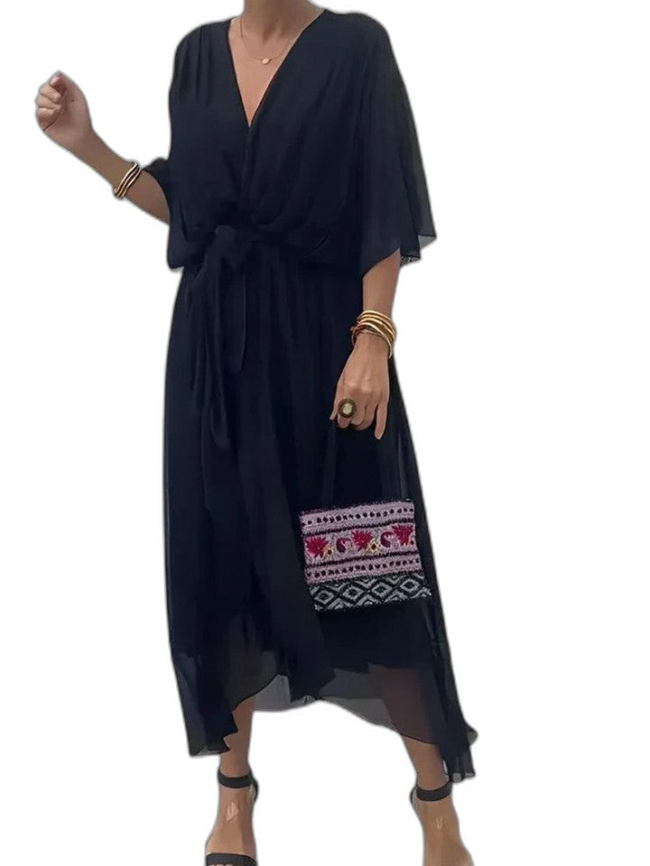 Elegant Burgundy Chiffon Midi Dress for Women with V Neck Long Sleeve Button Front Flowing Cocktail Style